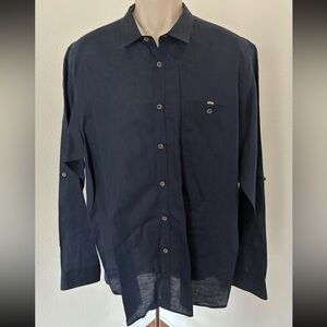 TED BAKER Linen Dress Shirt Navy Blue Button Down Pattern Neck Long Sleeve 7 XXL